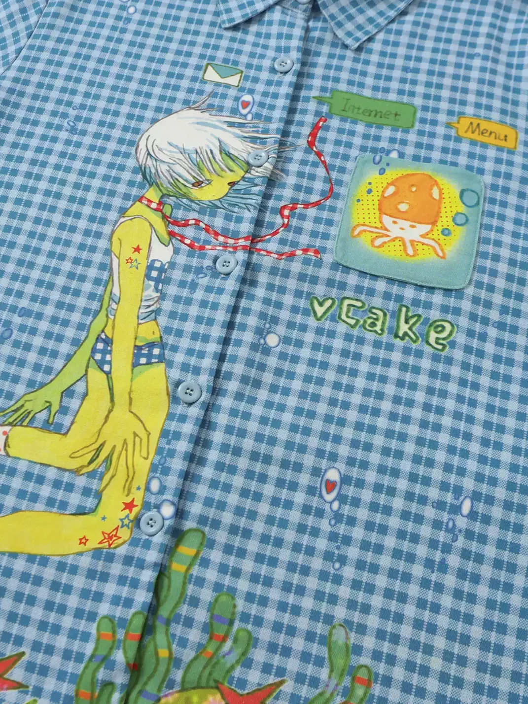 BlackBerry | Blue Plaid Short-Sleeve Shirt with Cartoon Ocean Motifs