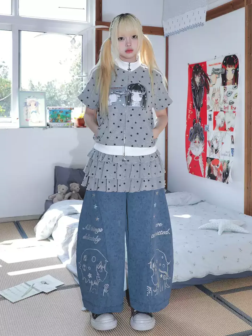 Hashtag DDD | Gray Star Print Short-Sleeve Zip-Up Jacket