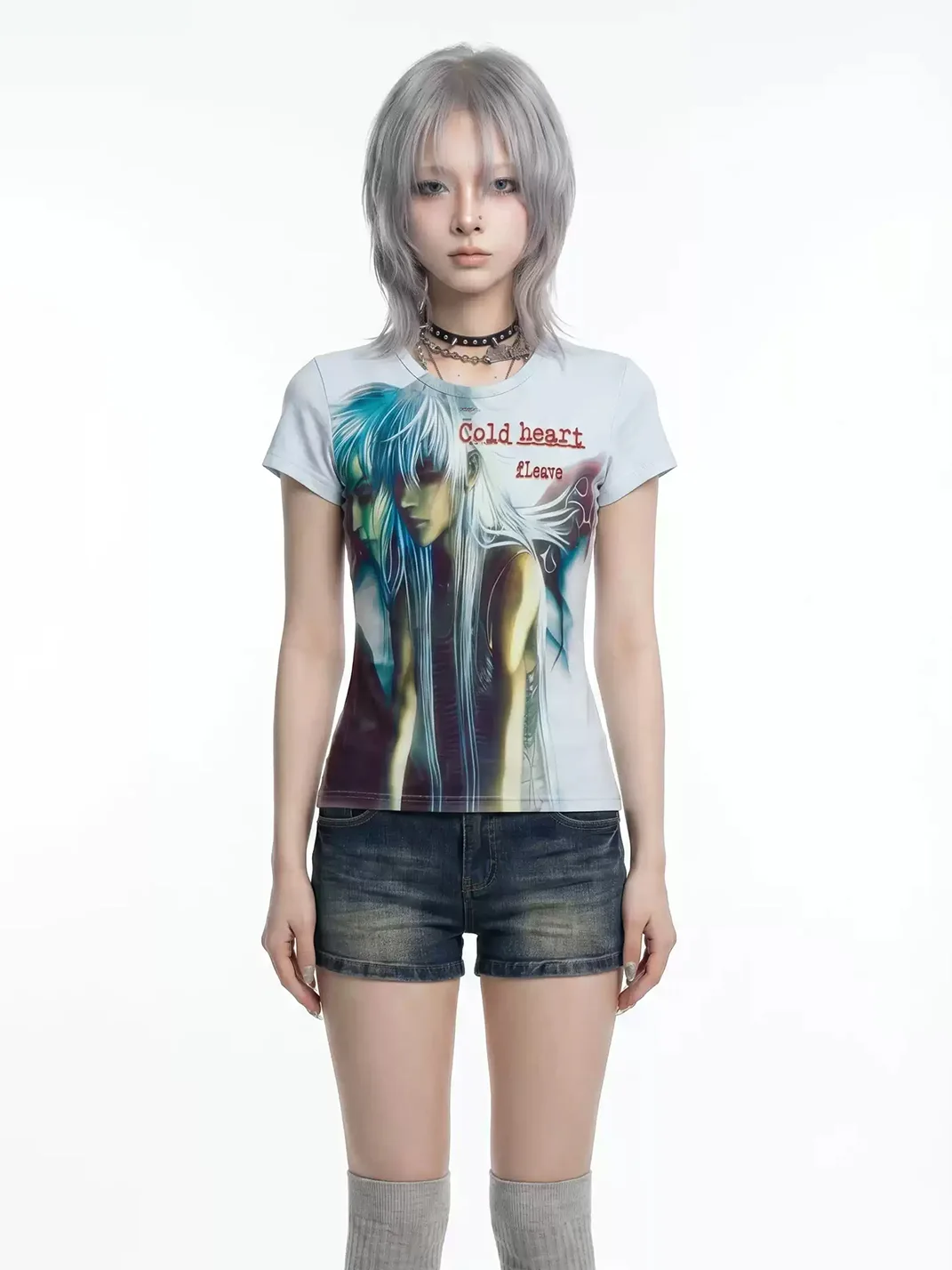 WEBBAR | Light Blue Y2K Anime Graphic Short Sleeve T-Shirt