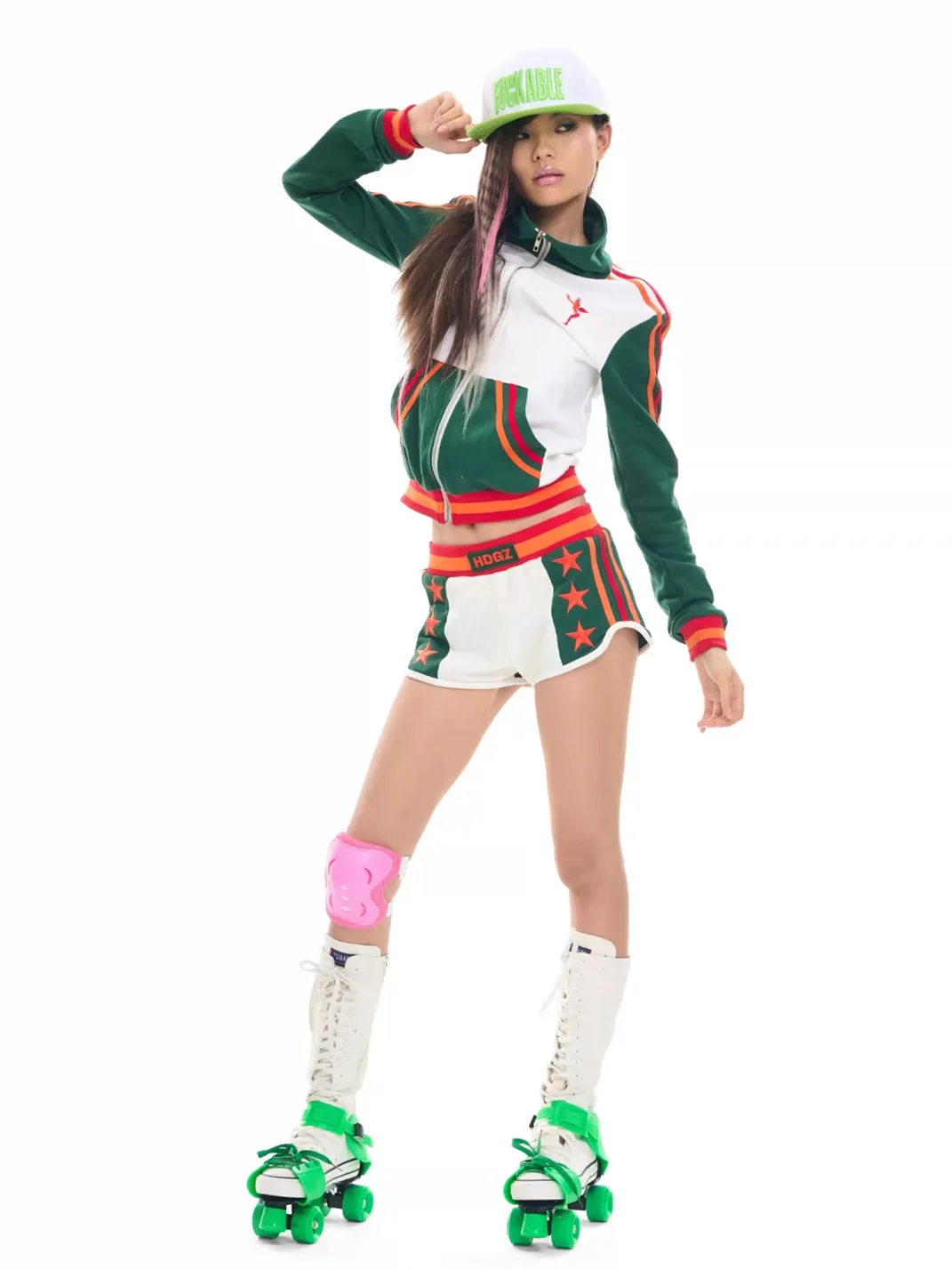 HuDieGongZhu | Color-Blocked Embroidered Rhinestone Track Jacket and Shorts Set