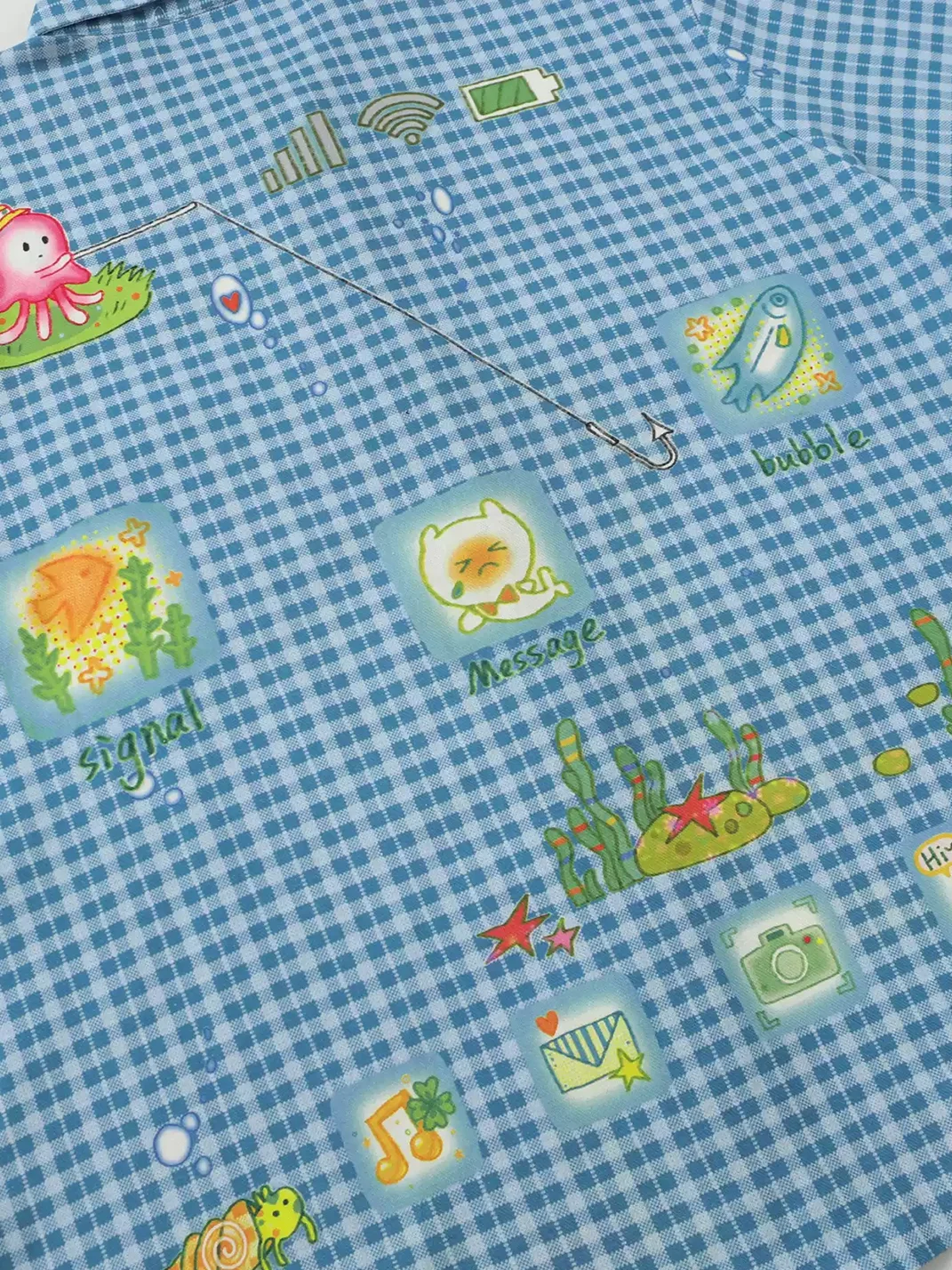 BlackBerry | Blue Plaid Short-Sleeve Shirt with Cartoon Ocean Motifs