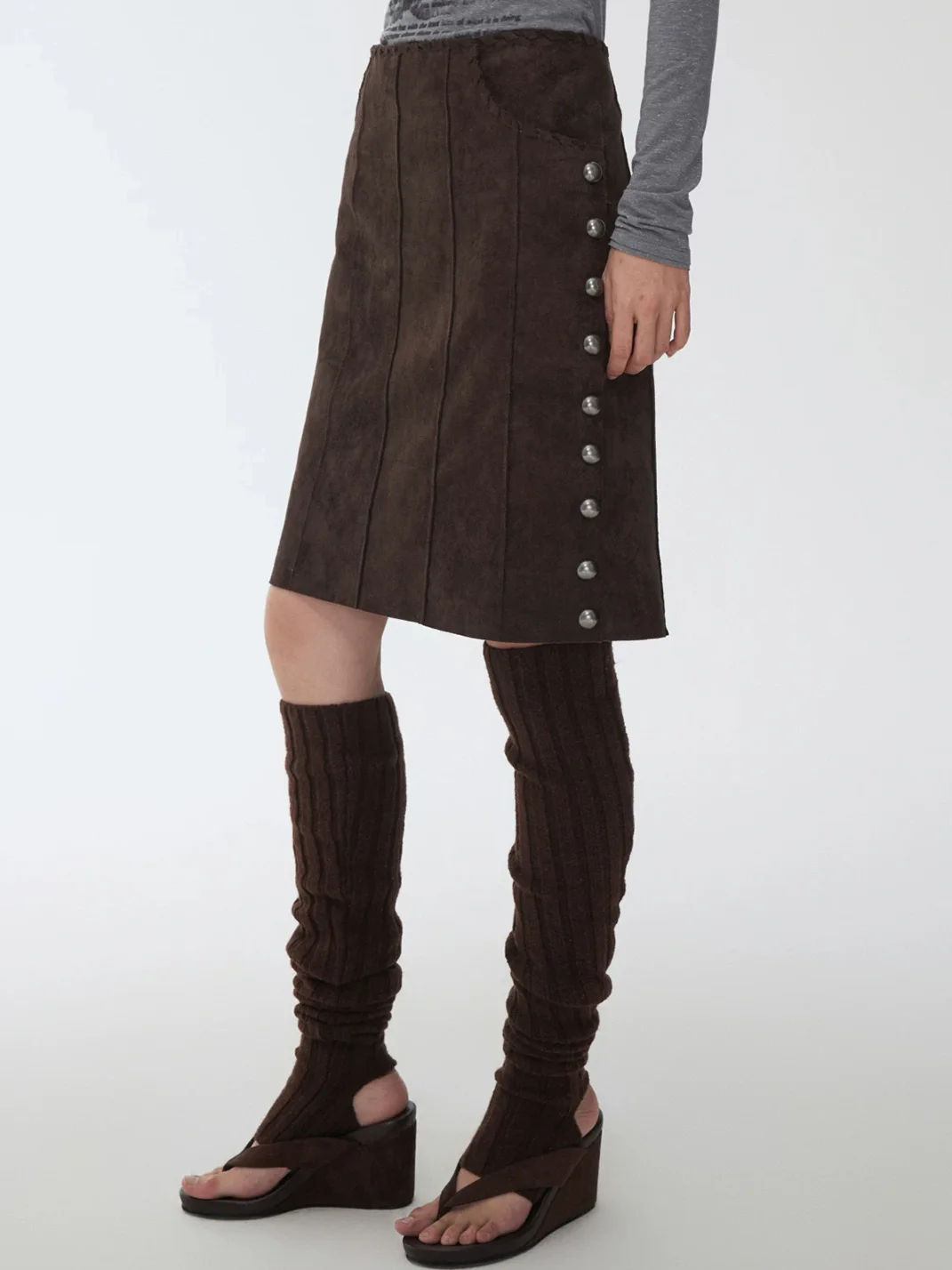 1JINN STUDIO | Vintage Suede Rivet High-Waisted A-Line Midi Skirt