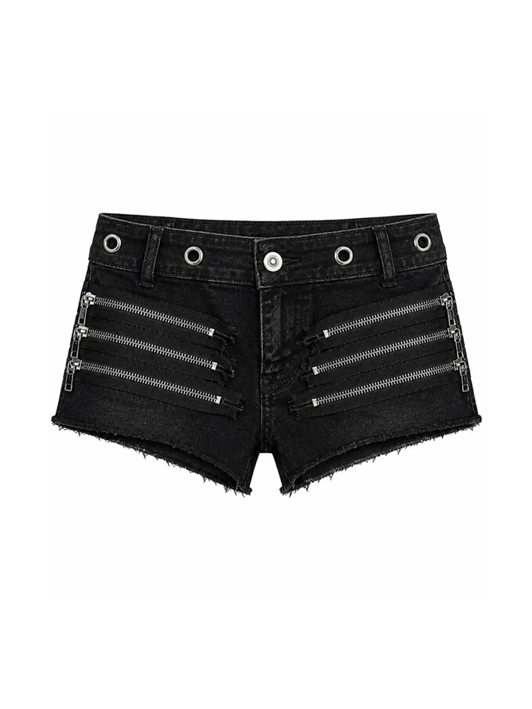 PAIKI | Women's Low-Rise Distressed Black Denim Shorts with Multi-Zip and Frayed Hem