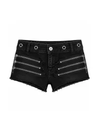 PAIKI | Women's Low-Rise Distressed Black Denim Shorts with Multi-Zip and Frayed Hem