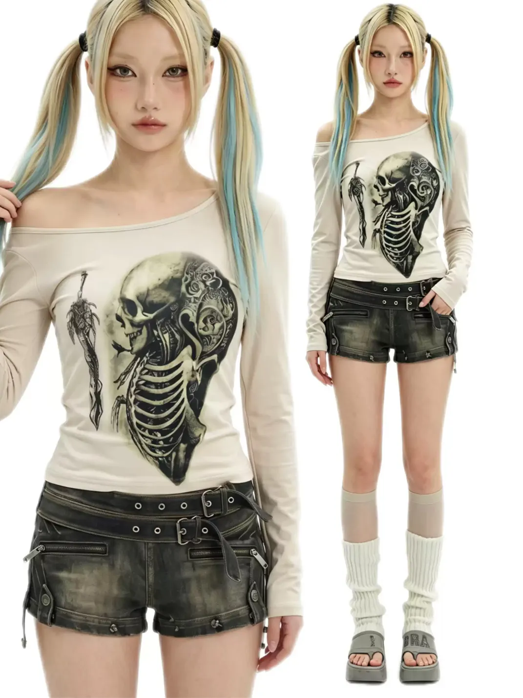 WEBBAR | Off-Shoulder Skeleton Print Modal Long Sleeve T-Shirt