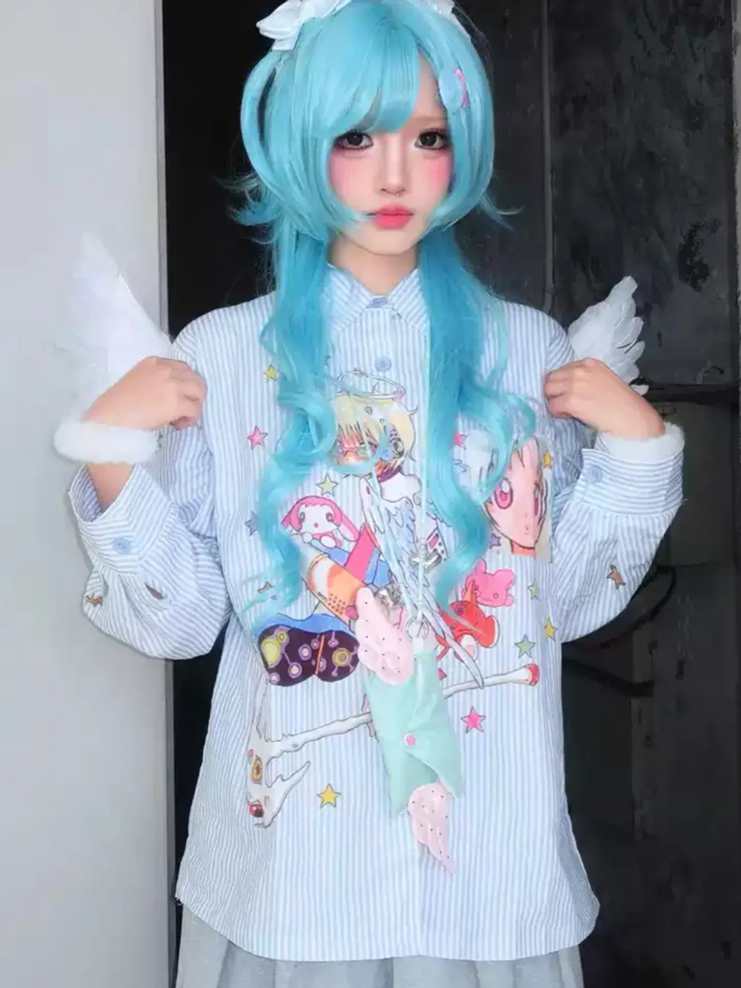BlackBerry | Blue Striped Cartoon Printed Long-Sleeve Shirt