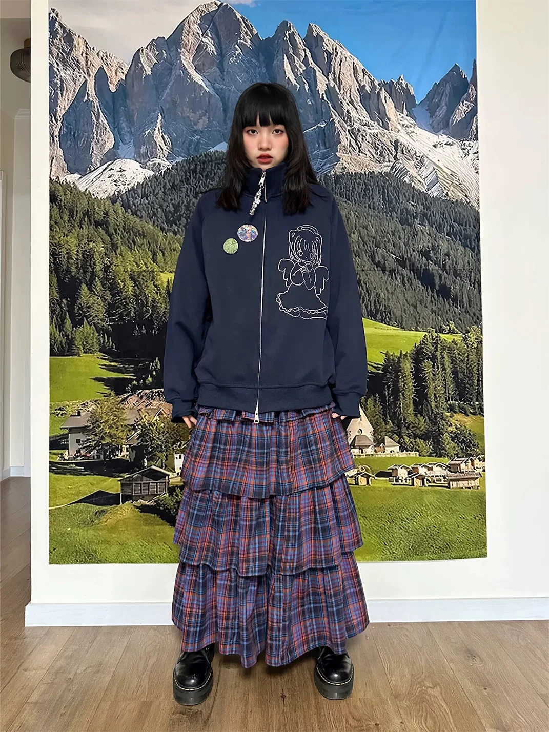 Bunnybunnygun | Navy Rhinestone Angel Oversized Zip-Up Sweatshirt