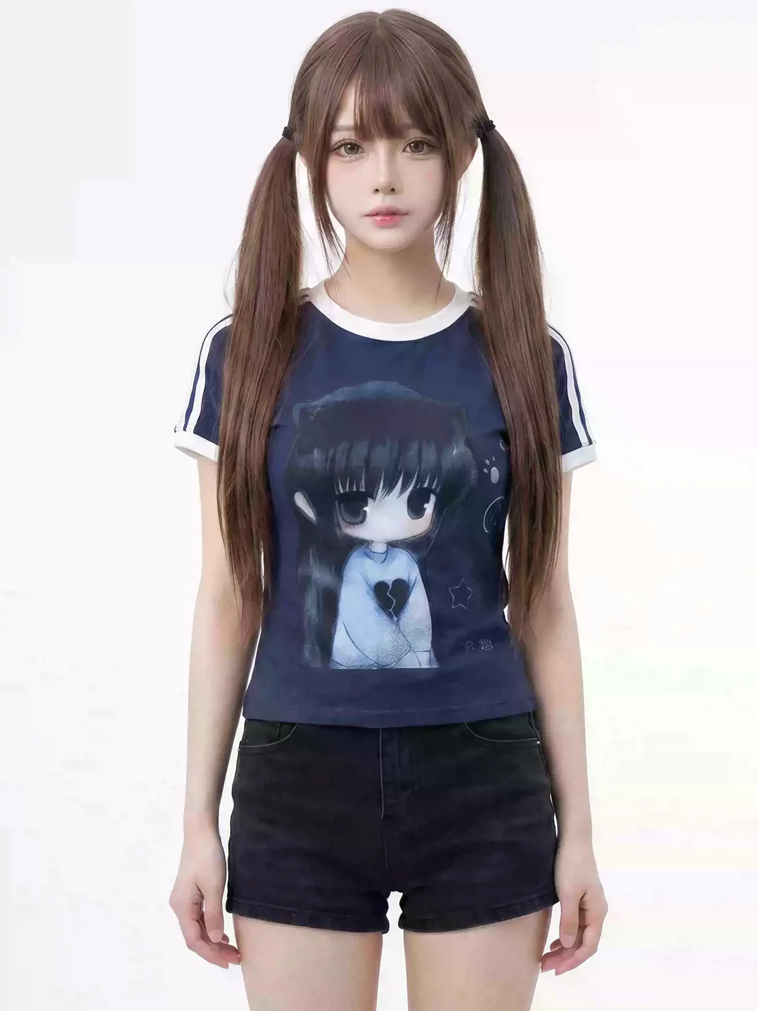 WEBBAR | Blue Short Sleeve T-Shirt With Anime Pattern