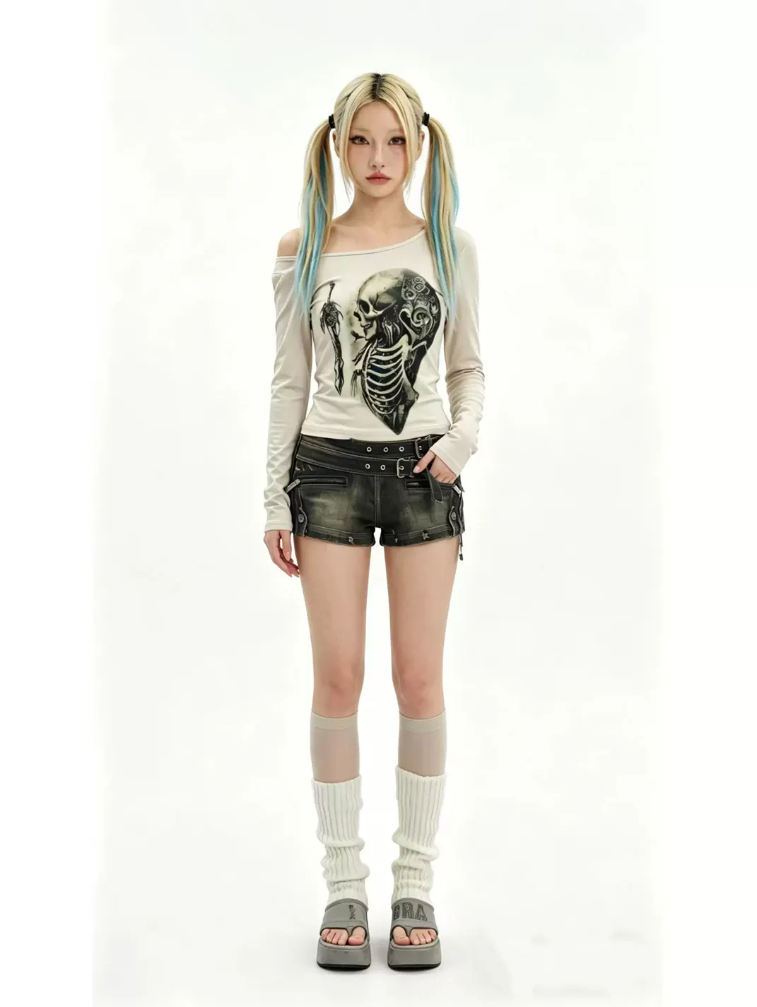 WEBBAR | Off-Shoulder Skeleton Print Modal Long Sleeve T-Shirt
