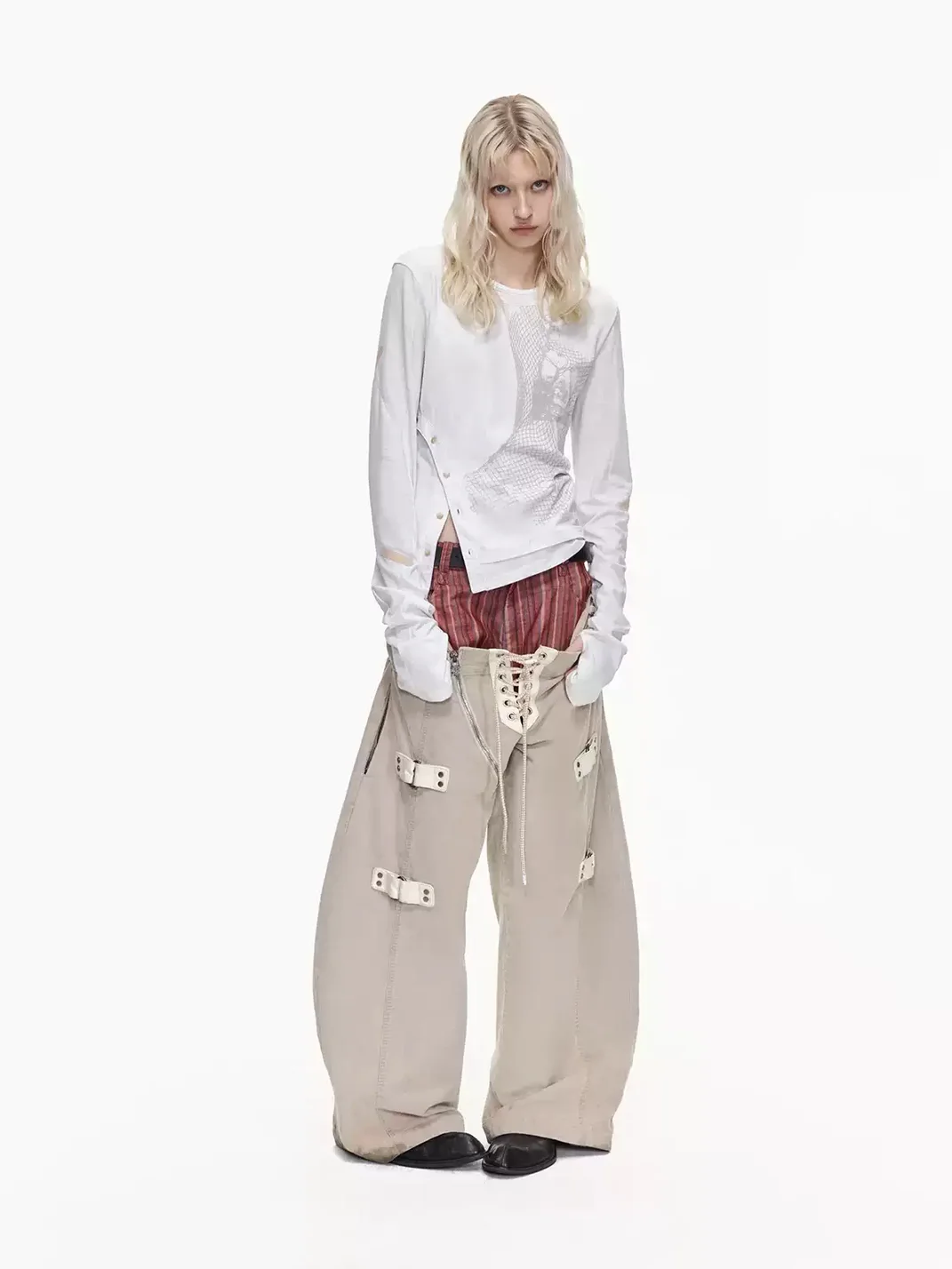 EMOBROTHER | Double-Waist Contrast Curved-Leg Pants