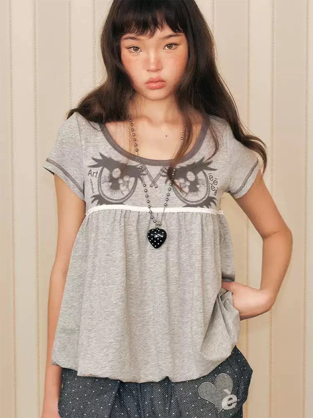 EeeeArtmonster | Cartoon Eye Lace Peplum T-Shirt
