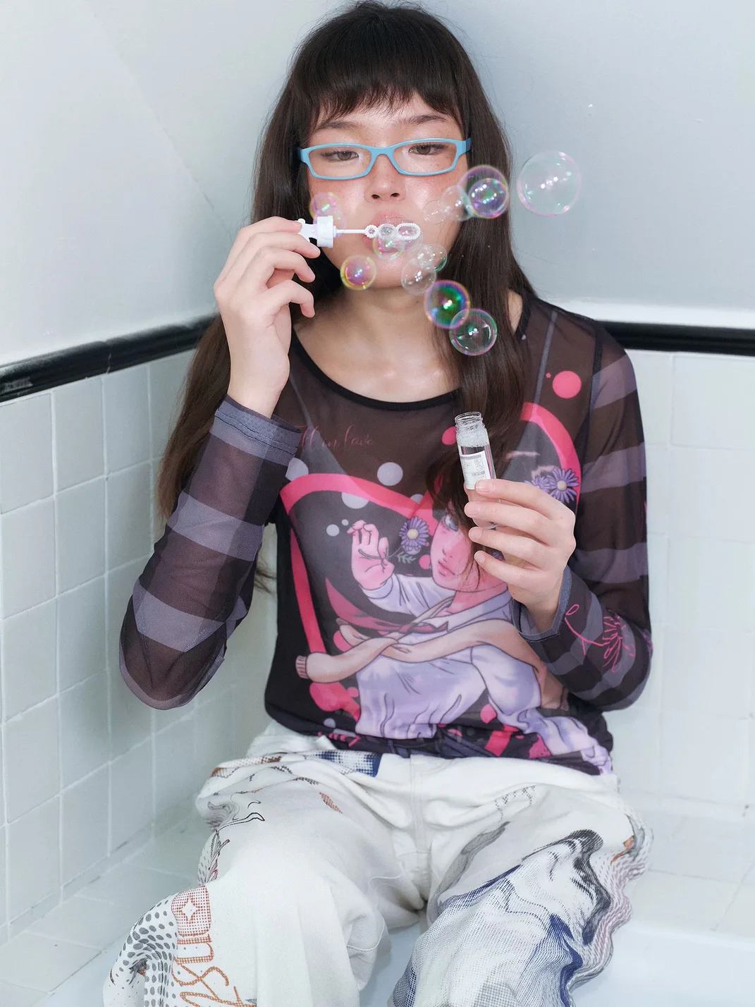 EeeeArtmonster | PEGACON Girl Print Sheer Mesh Long Sleeve Top