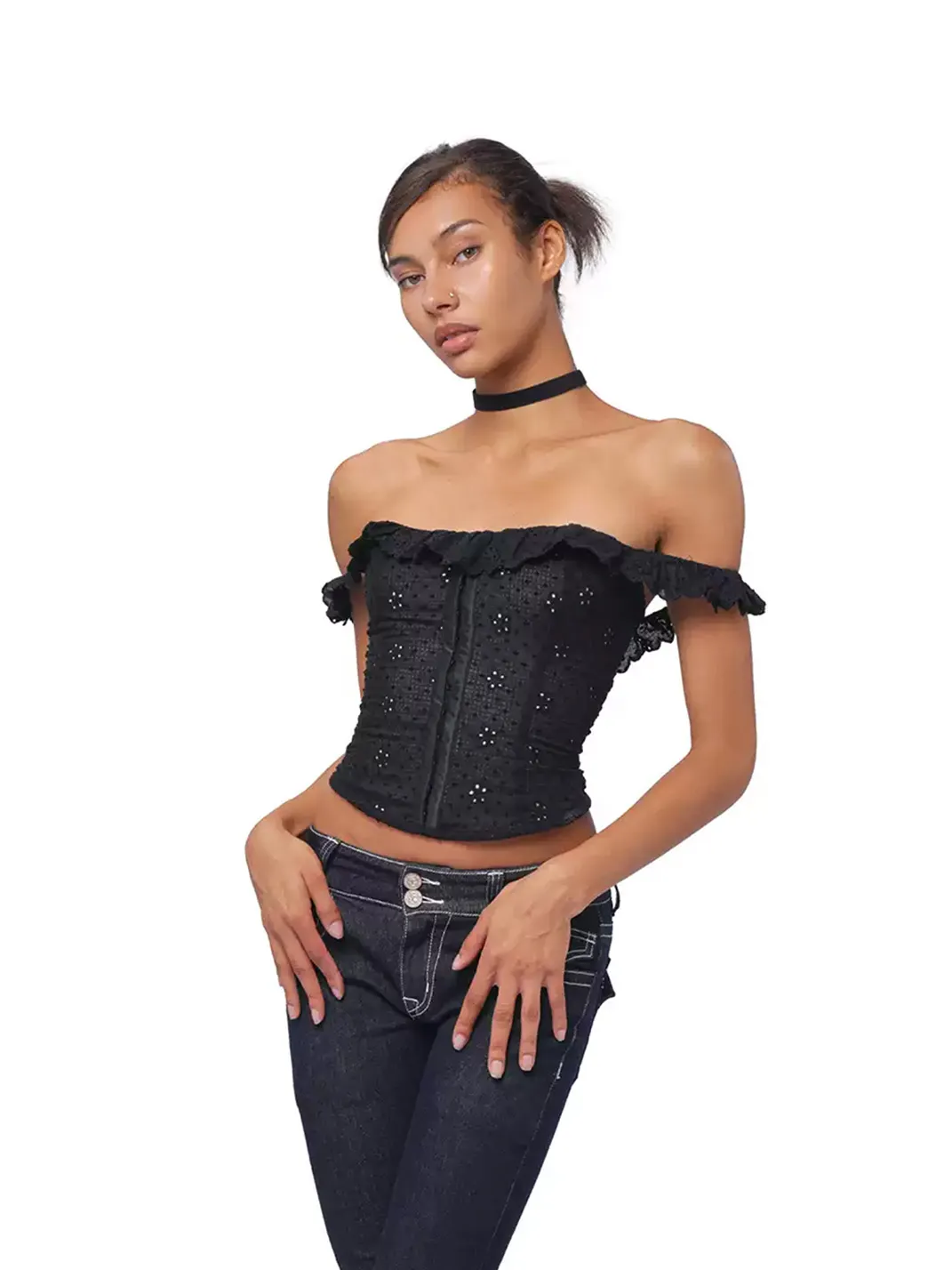 SweetChilling | Embroidered Ruffle Off-Shoulder Cropped Top