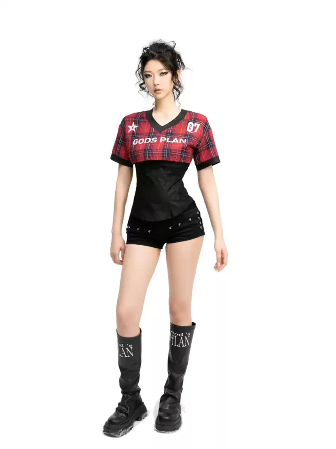 Gods plan | Women's Red Plaid Fitted Cropped V-Neck Short-Sleeve Blouse