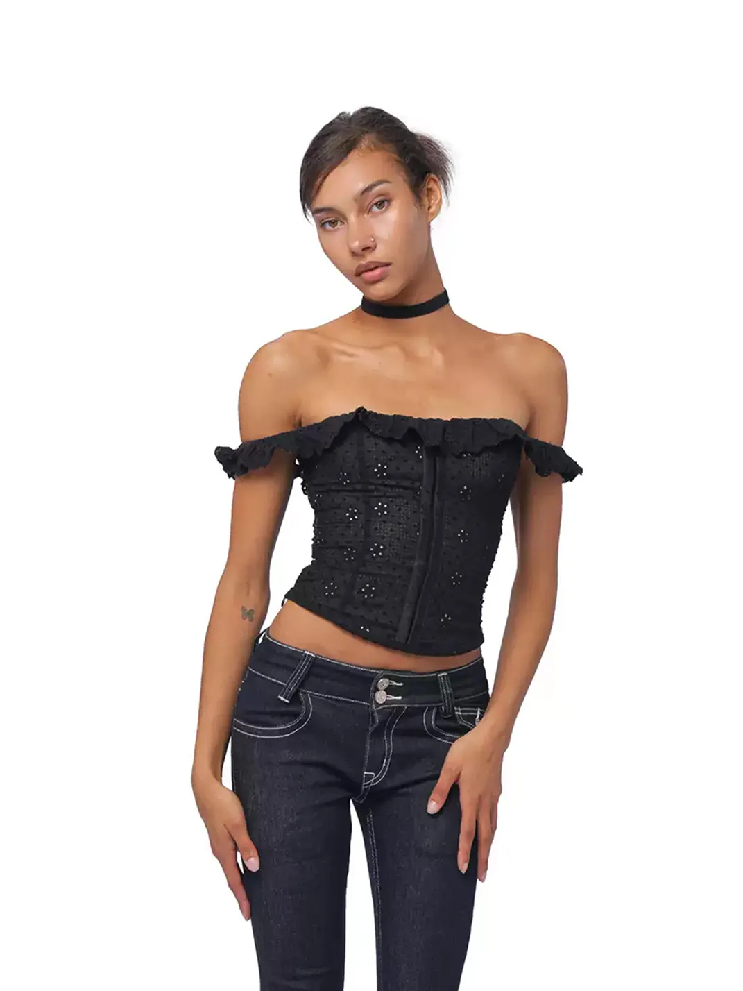 SweetChilling | Embroidered Ruffle Off-Shoulder Cropped Top