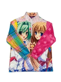 Bunnybunnygun | Anime Print Oversized Flannel Half-Zip Fleece Top