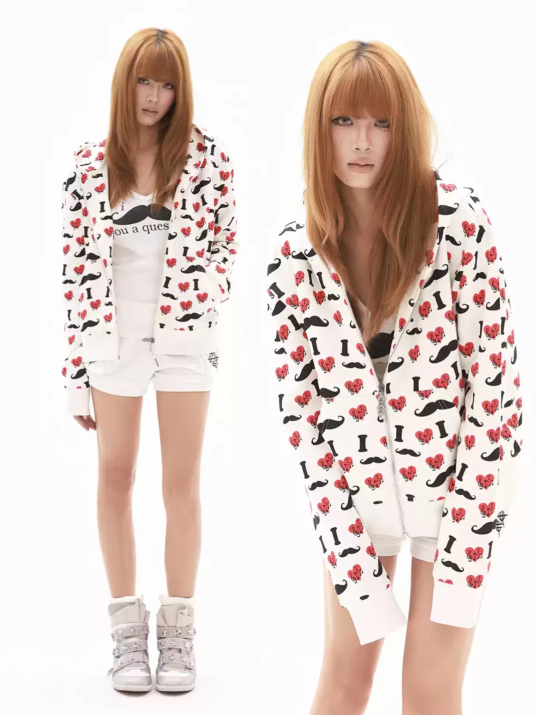 DETW | Heart Mustache Print Zip Hoodie