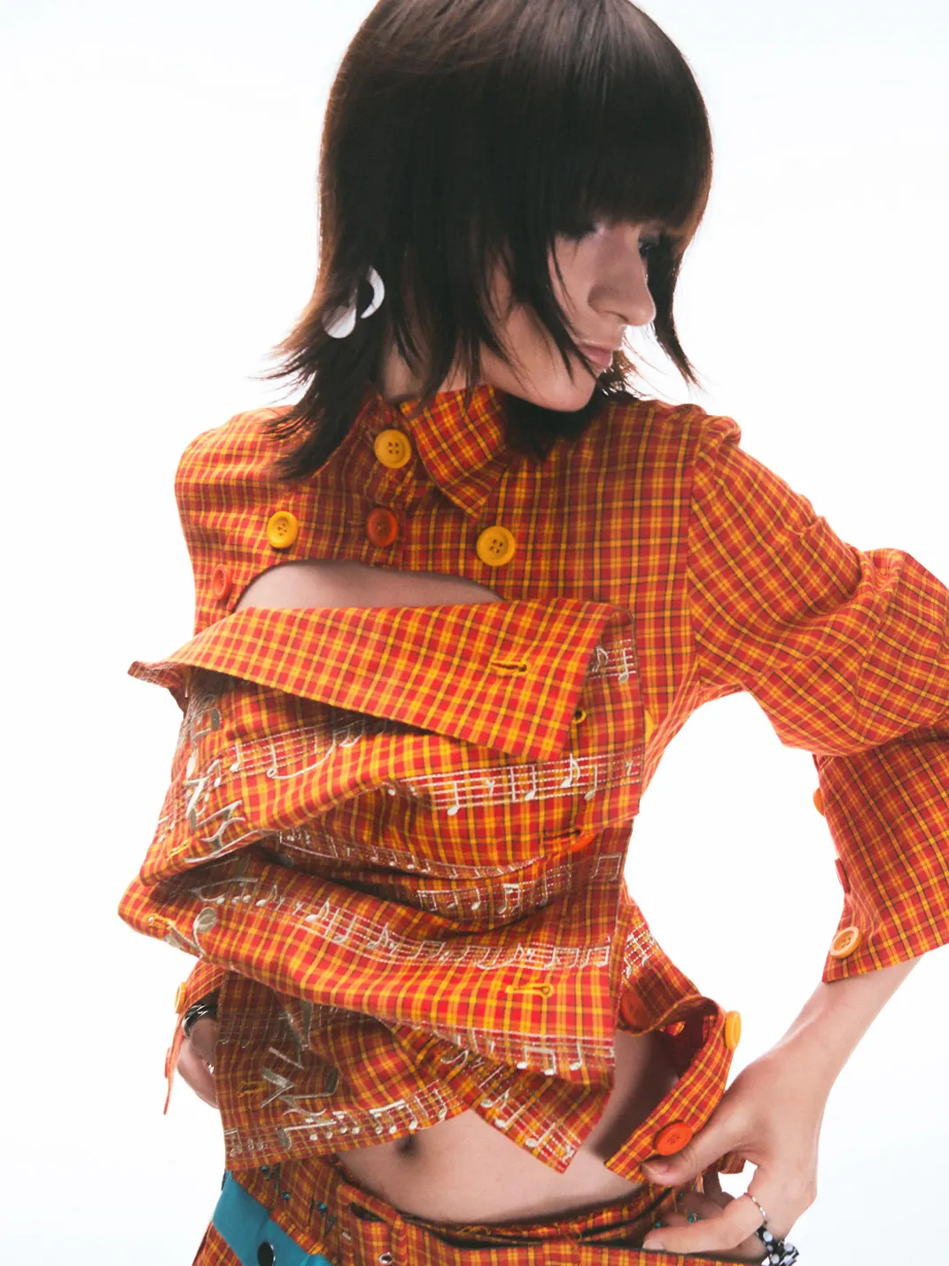 Fruitanari | Unisex Orange Yellow Plaid Musical Note Shirt