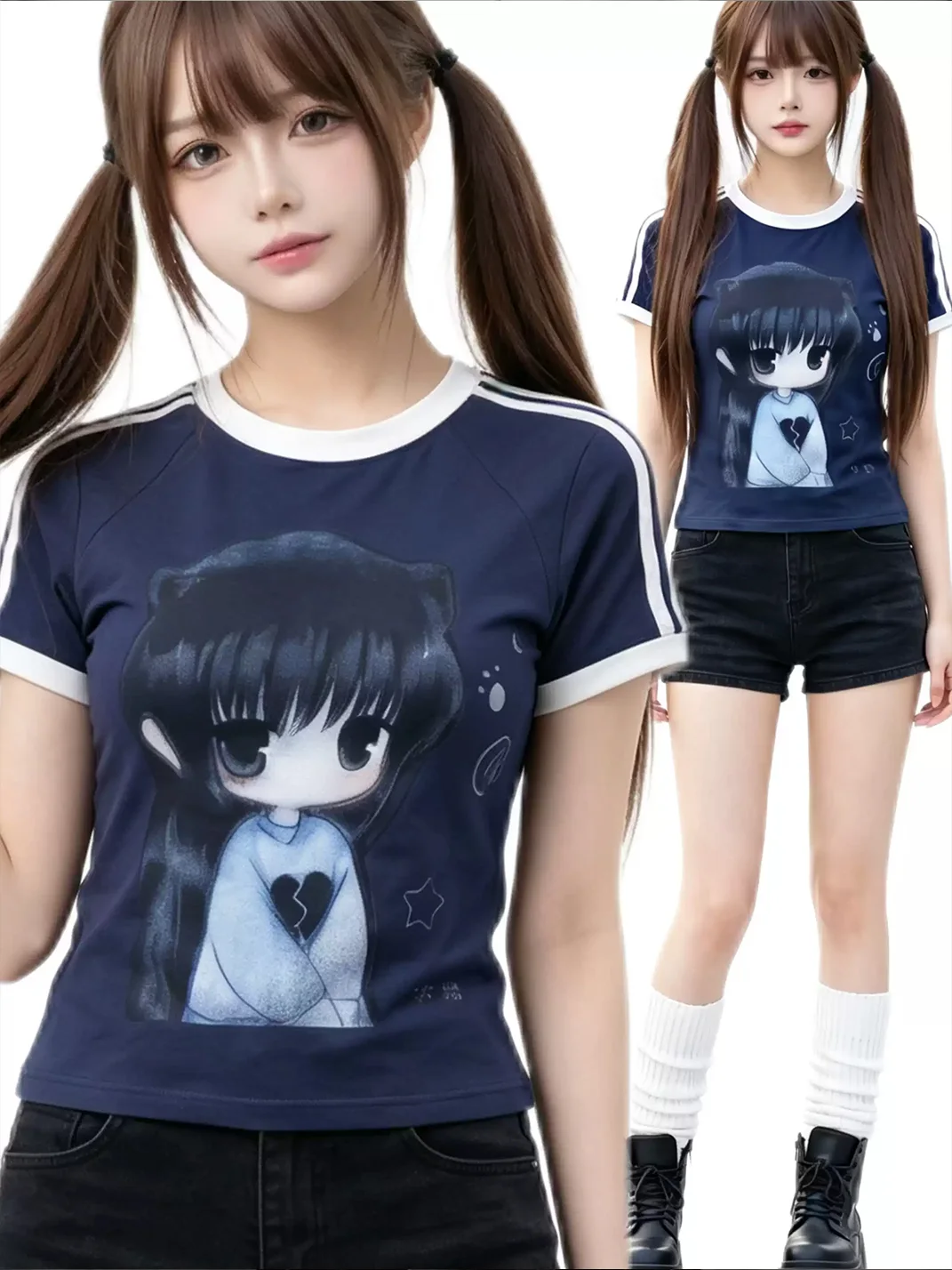 WEBBAR | Blue Short Sleeve T-Shirt With Anime Pattern