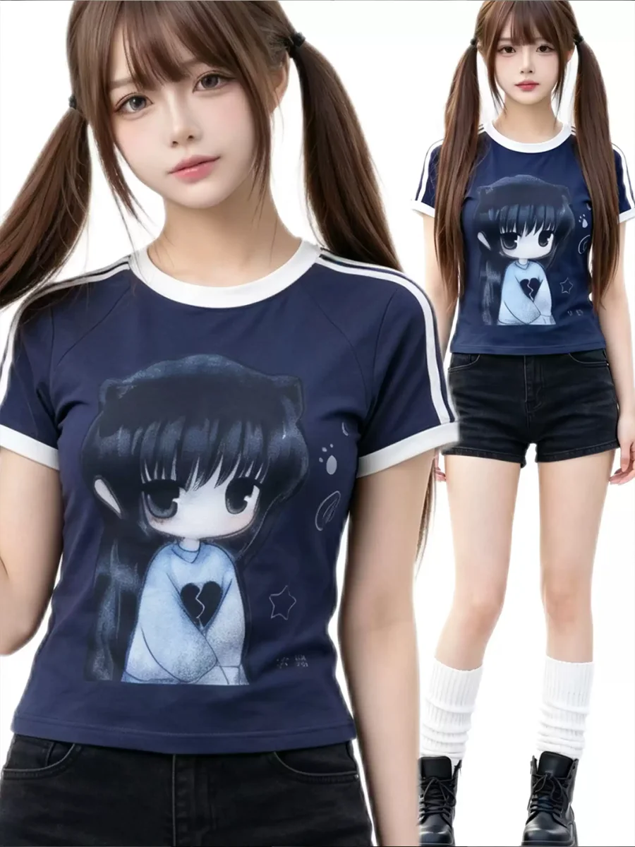 WEBBAR | Blue Short Sleeve T-Shirt With Anime Pattern - 2