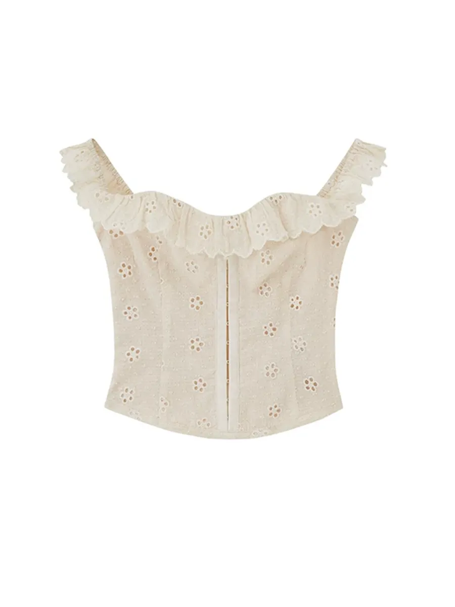 SweetChilling | Embroidered Ruffle Off-Shoulder Cropped Top - 2