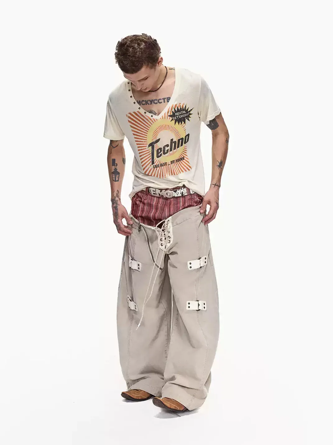 EMOBROTHER | Double-Waist Contrast Curved-Leg Pants
