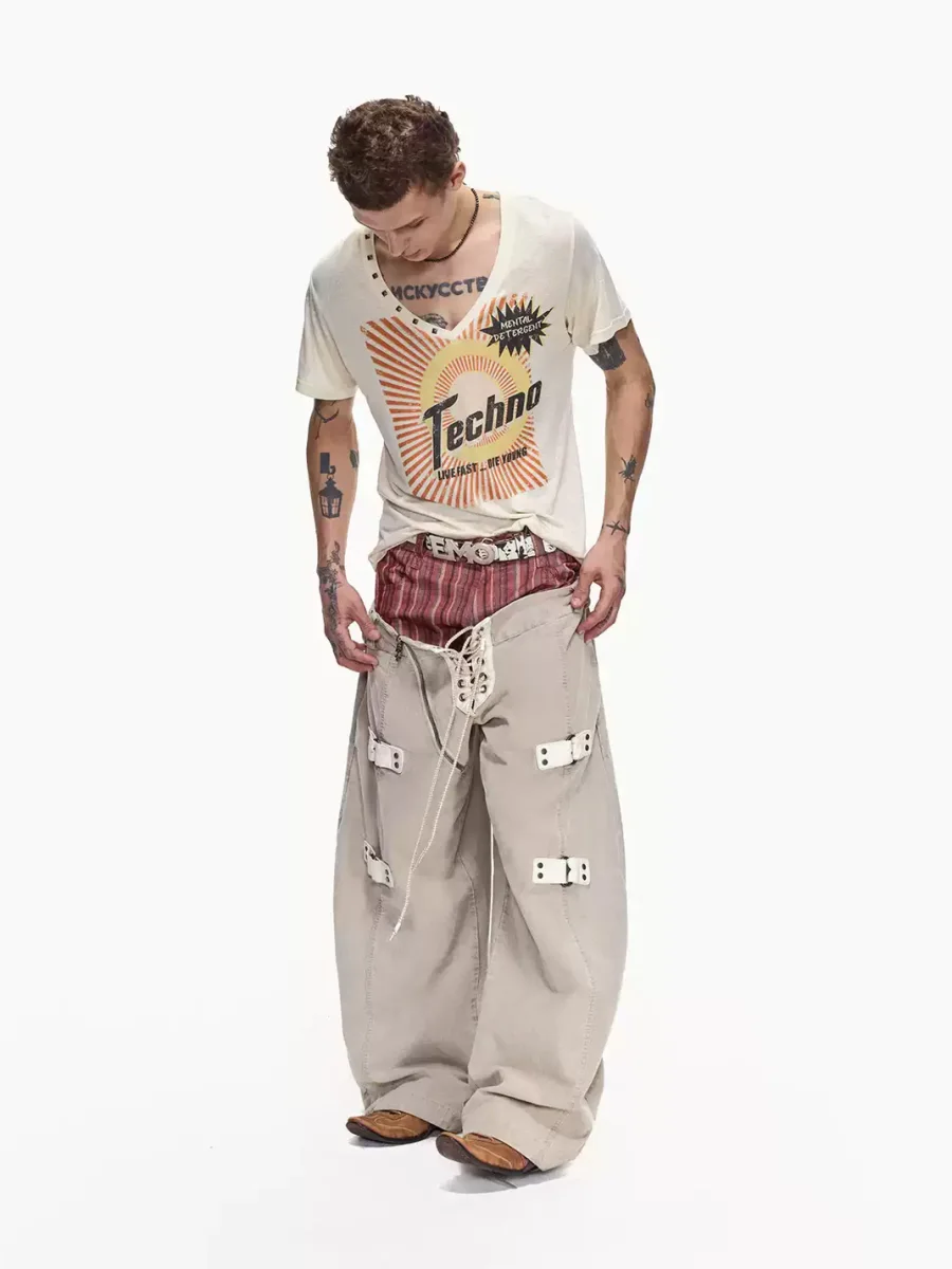 EMOBROTHER | Double-Waist Contrast Curved-Leg Pants - 2