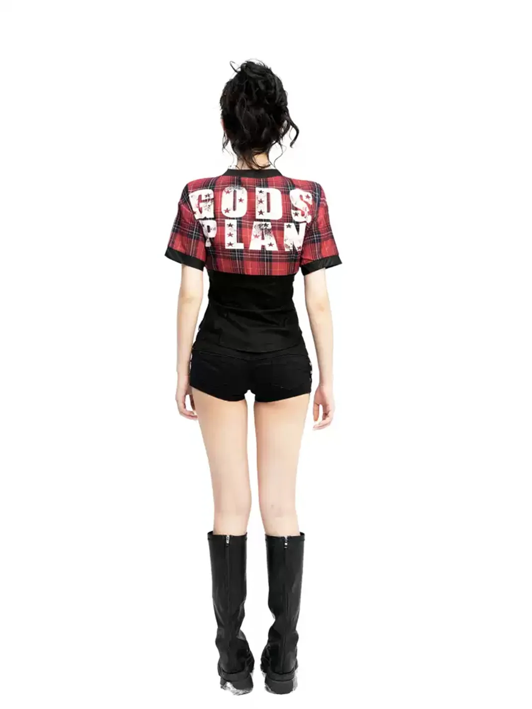 Gods plan | Women's Red Plaid Fitted Cropped V-Neck Short-Sleeve Blouse