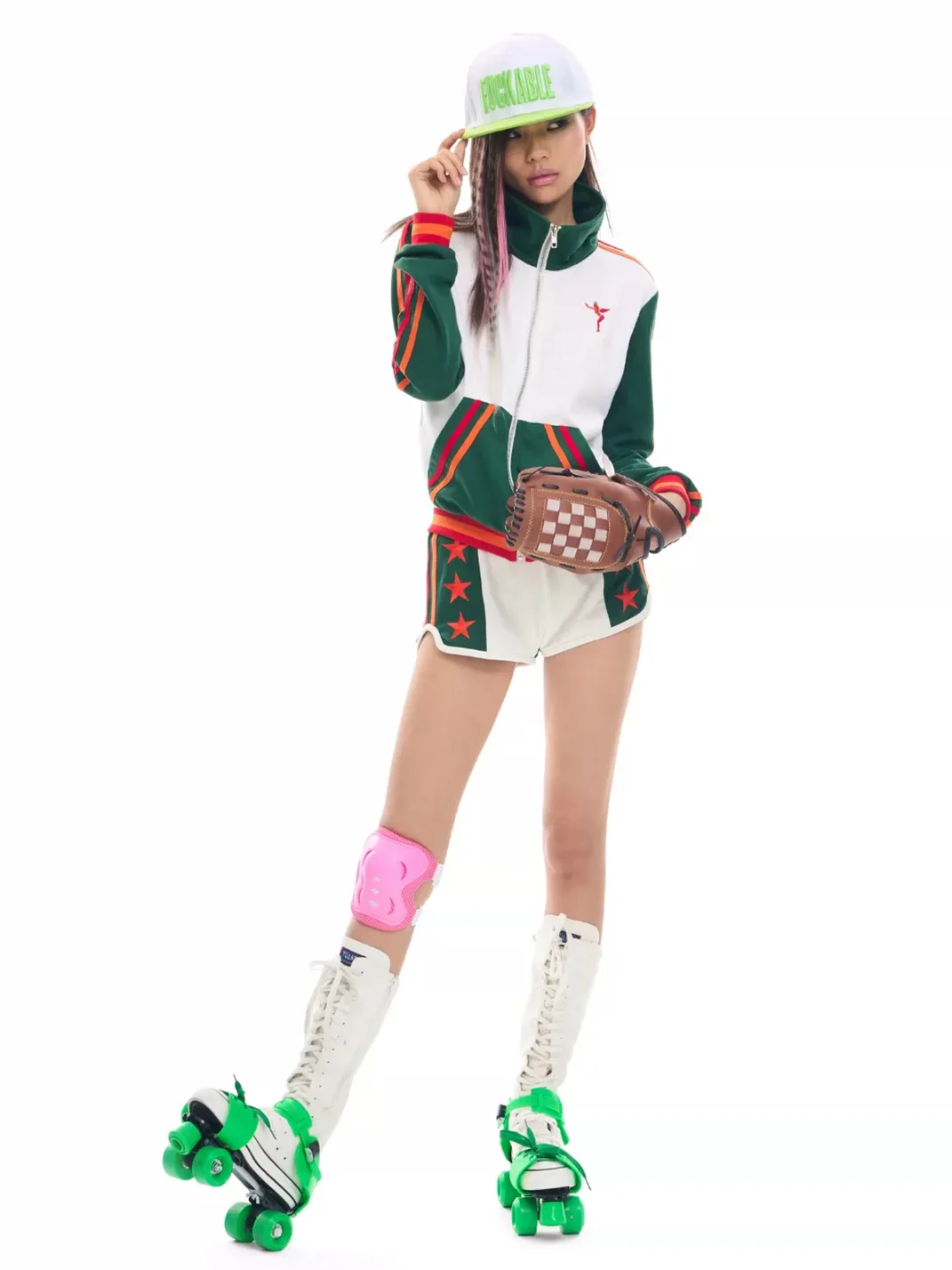 HuDieGongZhu | Color-Blocked Embroidered Rhinestone Track Jacket and Shorts Set