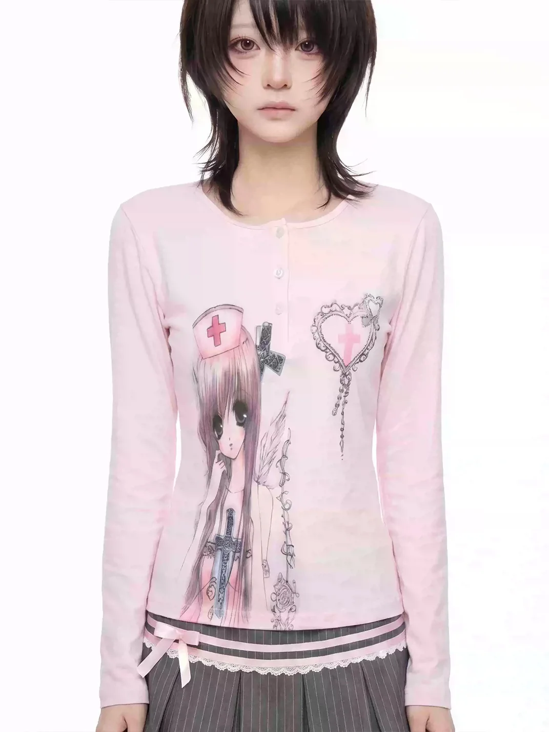 WEBBAR | Pink Anime Cartoon Print Long Sleeve T-Shirt