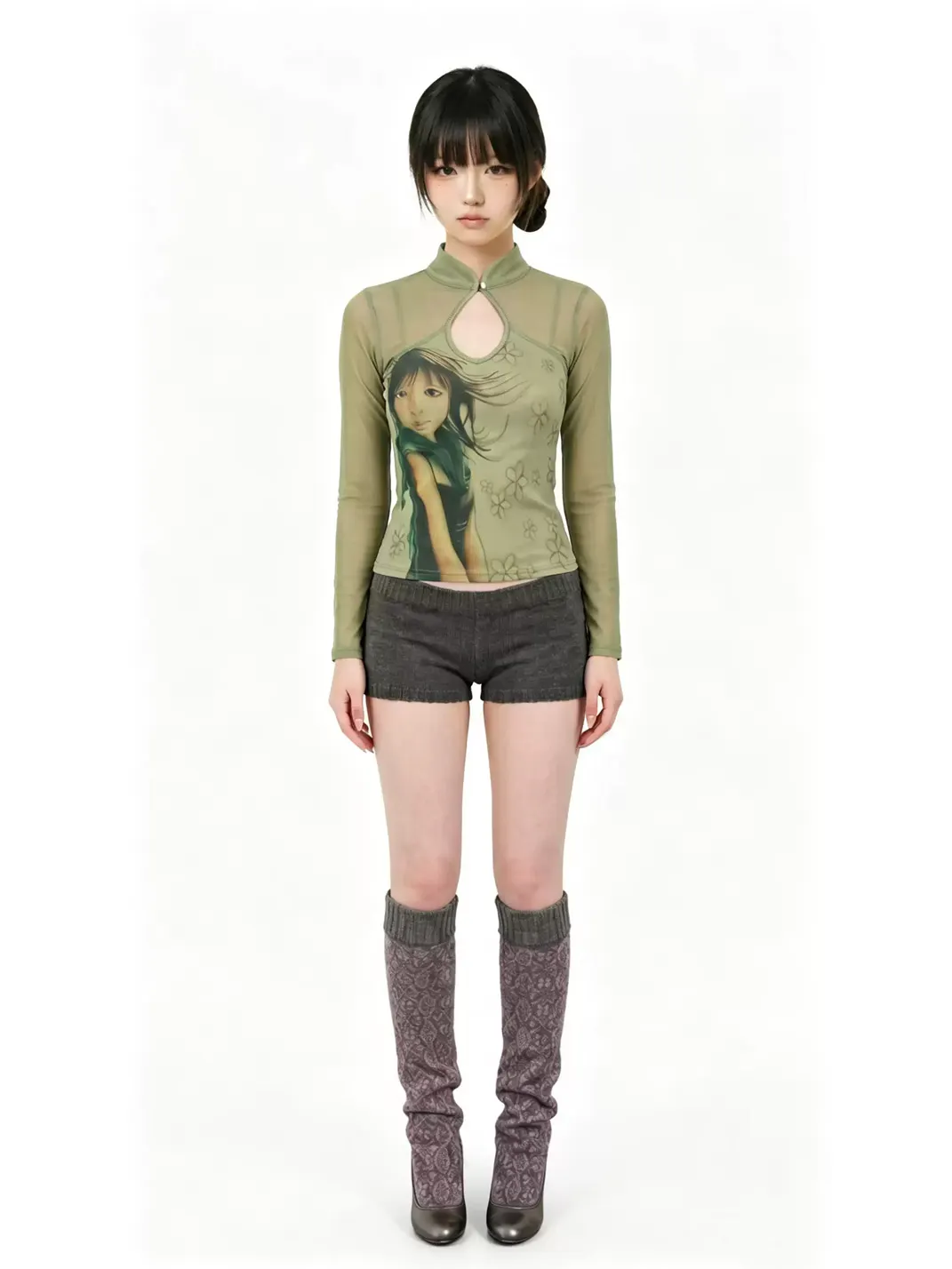 WEBBAR | New Chinese Style Cheongsam Collar Long Sleeve T-Shirt