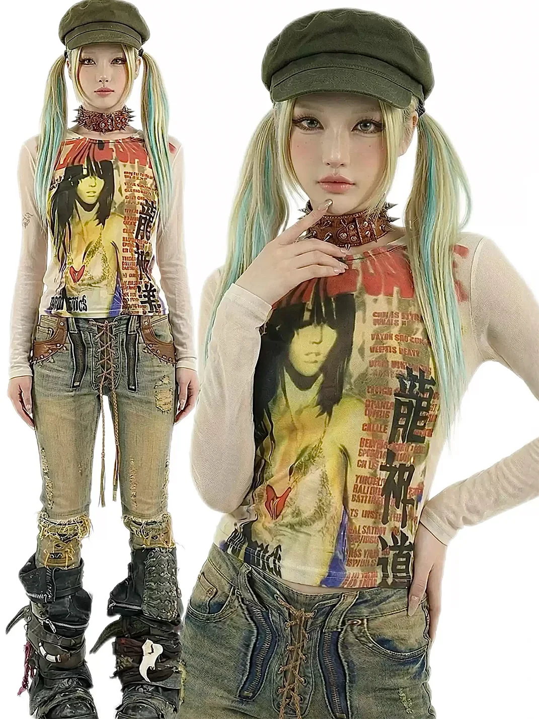 WEBBAR | Y2K Dragon Graphic Sheer Mesh Long Sleeve Top