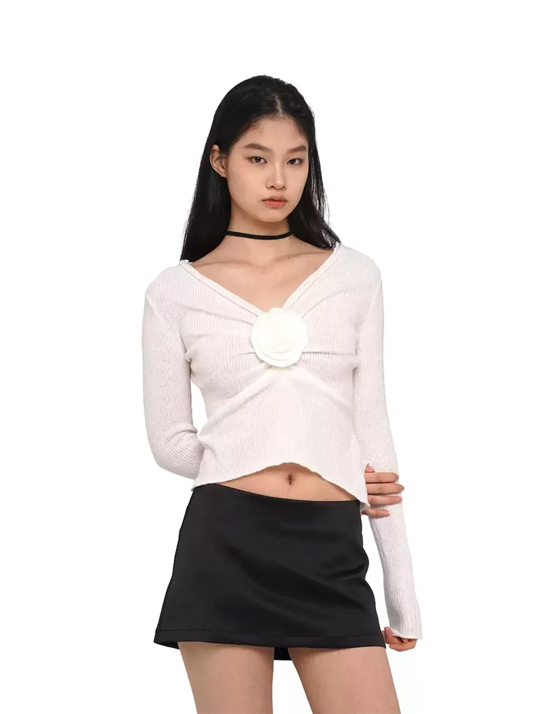 SweetChilling | Rose Detail Ruched V-Neck Cropped Sweater