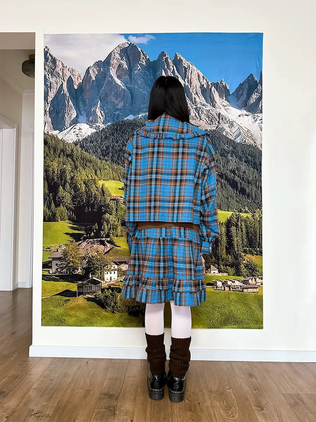 Bunnybunnygun | Vintage Blue Plaid Ruffle-Collar Cropped Shirt