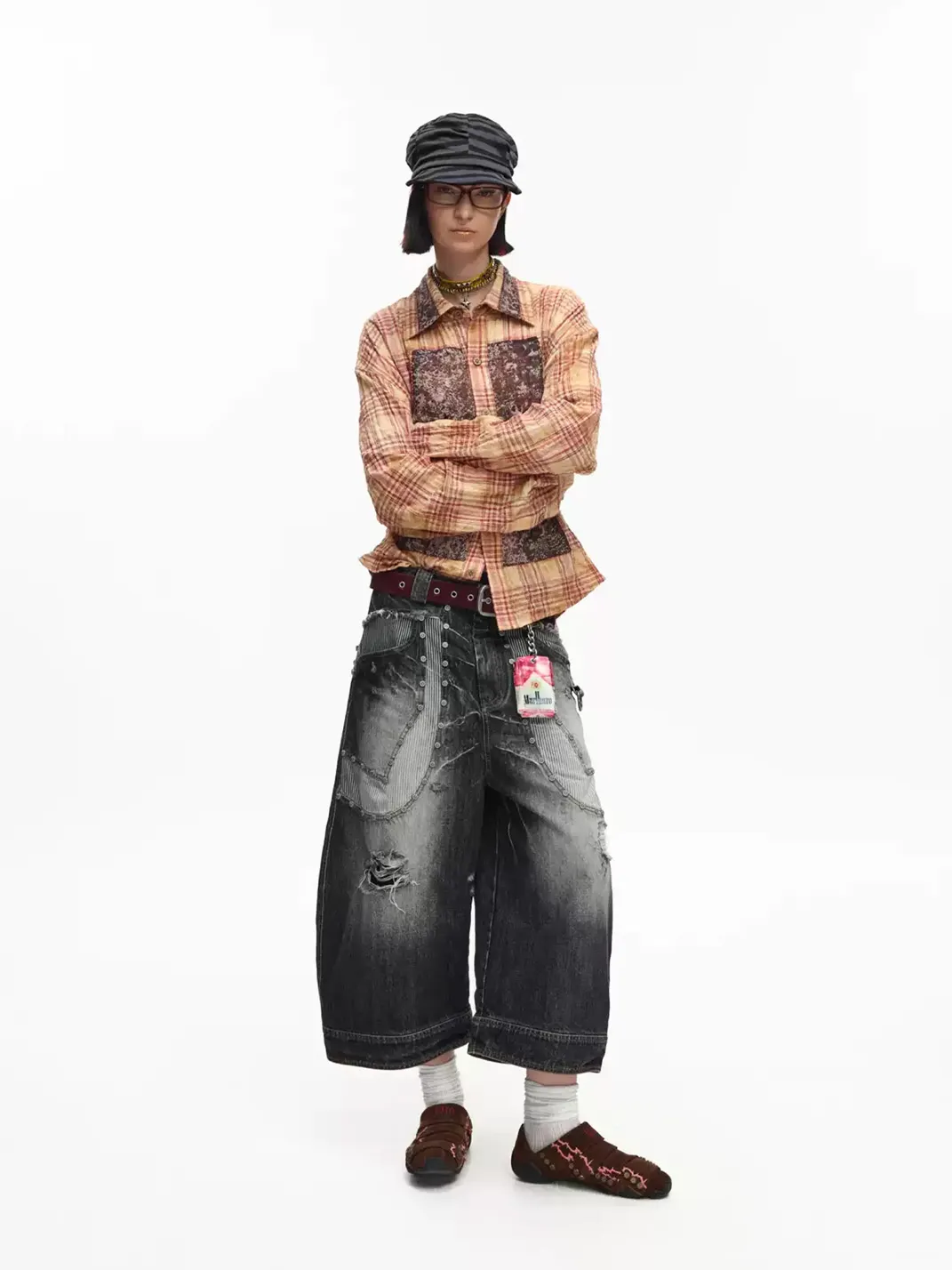 EMOBROTHER | Distressed Studded Striped Denim Shorts
