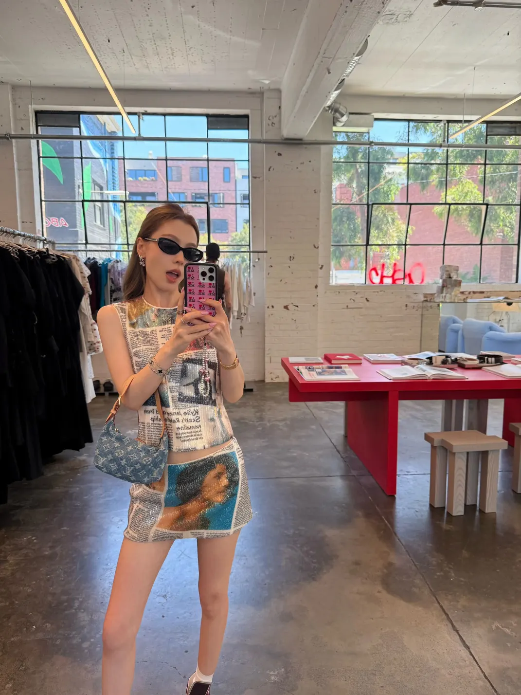 Linqimai | Sequin Newspaper Print Camisole and Skirt Set