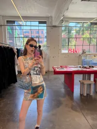 Linqimai | Sequin Newspaper Print Camisole and Skirt Set