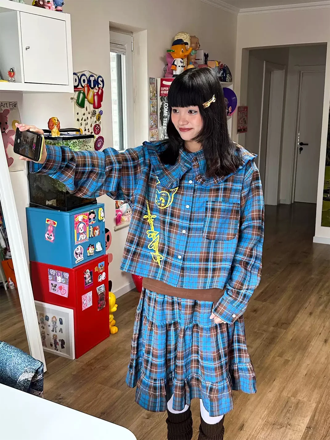 Bunnybunnygun | Vintage Blue Plaid Ruffle-Collar Cropped Shirt