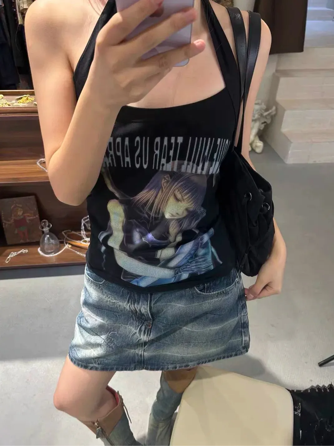 WEBBAR | Y2K Punk Emo Halter Tank Top with Anime Graphic Print
