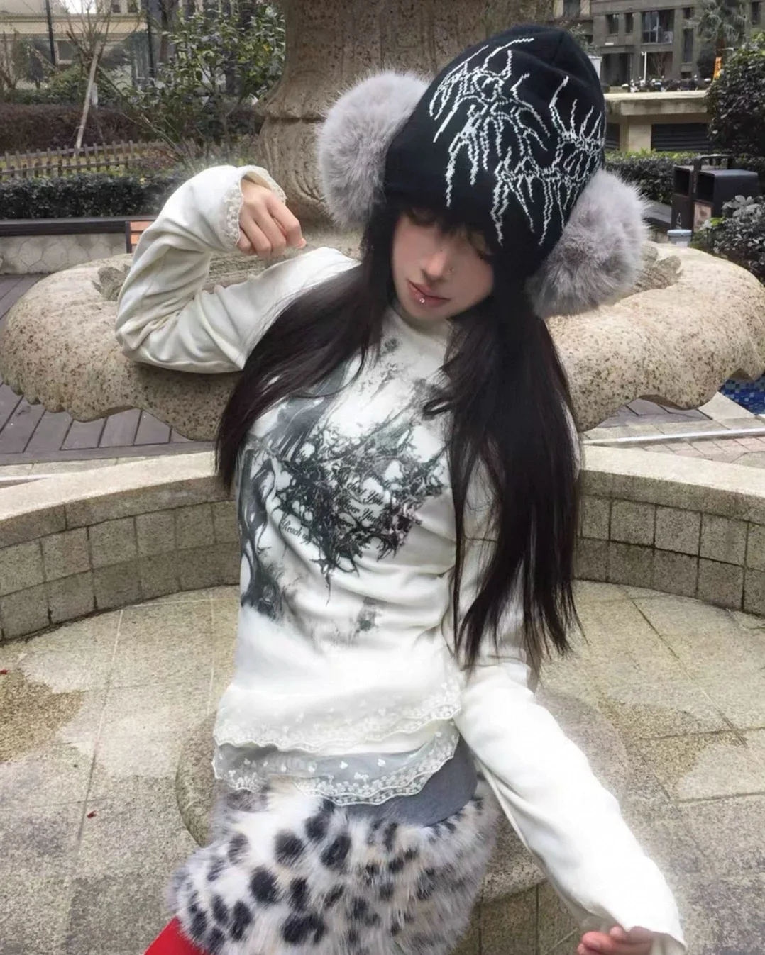 WEBBAR | Gothic Forest Graphic Lace Trim Long Sleeve Top