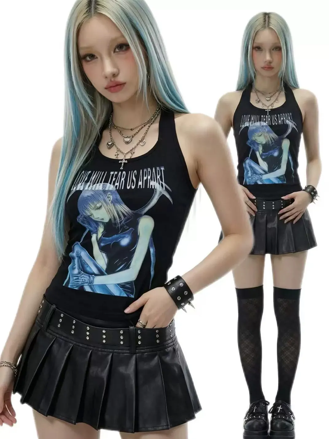 WEBBAR | Y2K Punk Emo Halter Tank Top with Anime Graphic Print