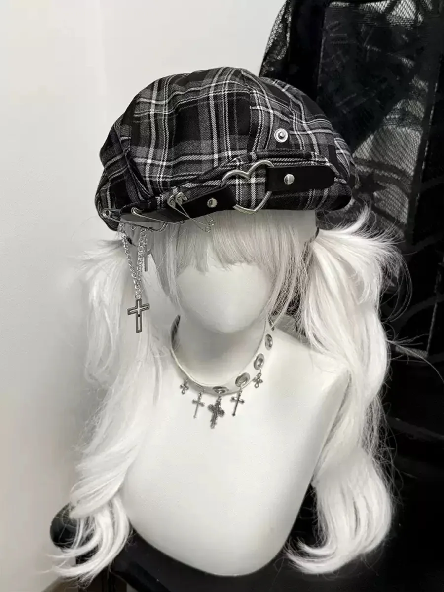 1GASTERINN | Y2K Subculture Beret Metal Grid Hat - 4
