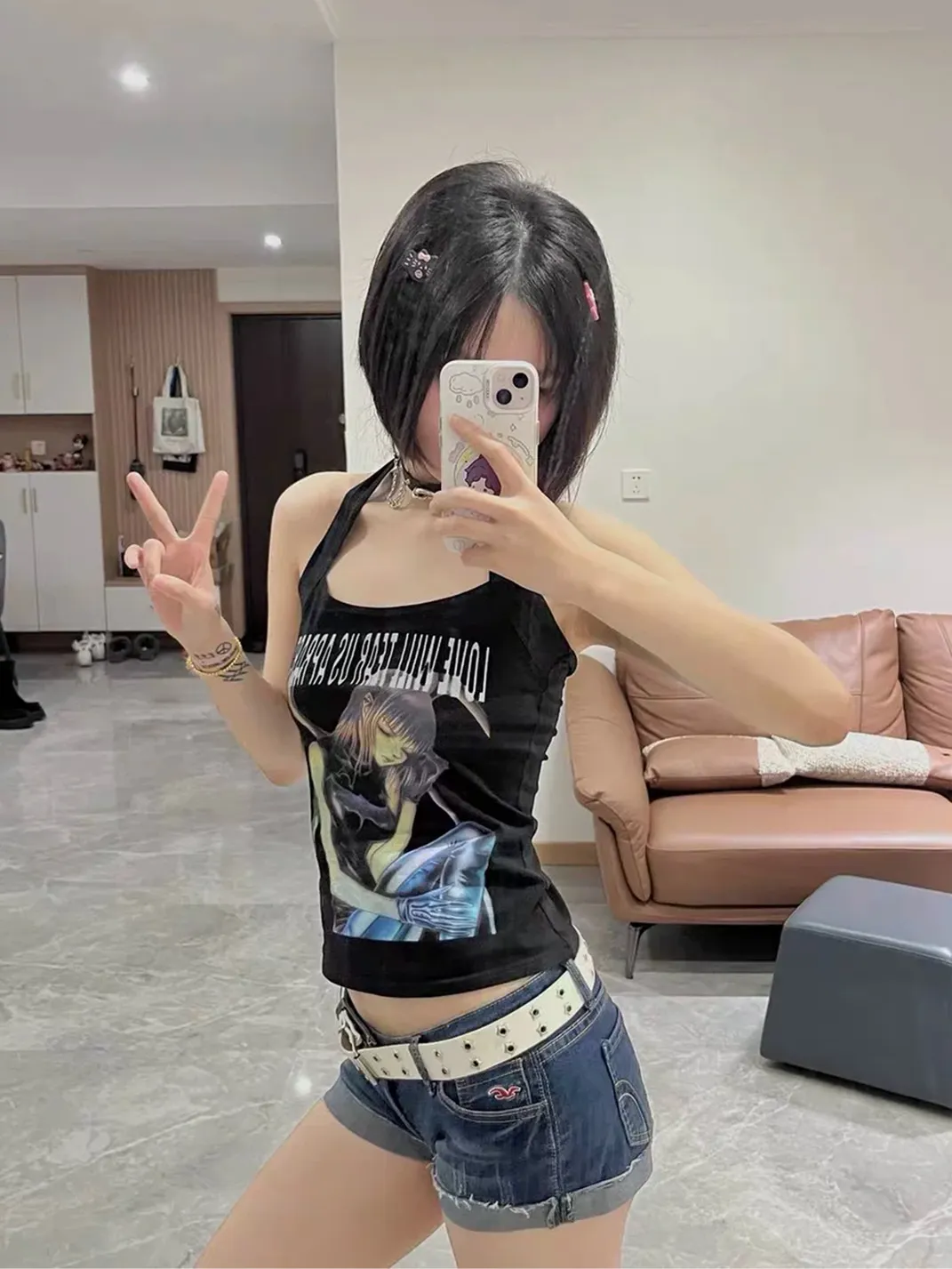 WEBBAR | Y2K Punk Emo Halter Tank Top with Anime Graphic Print