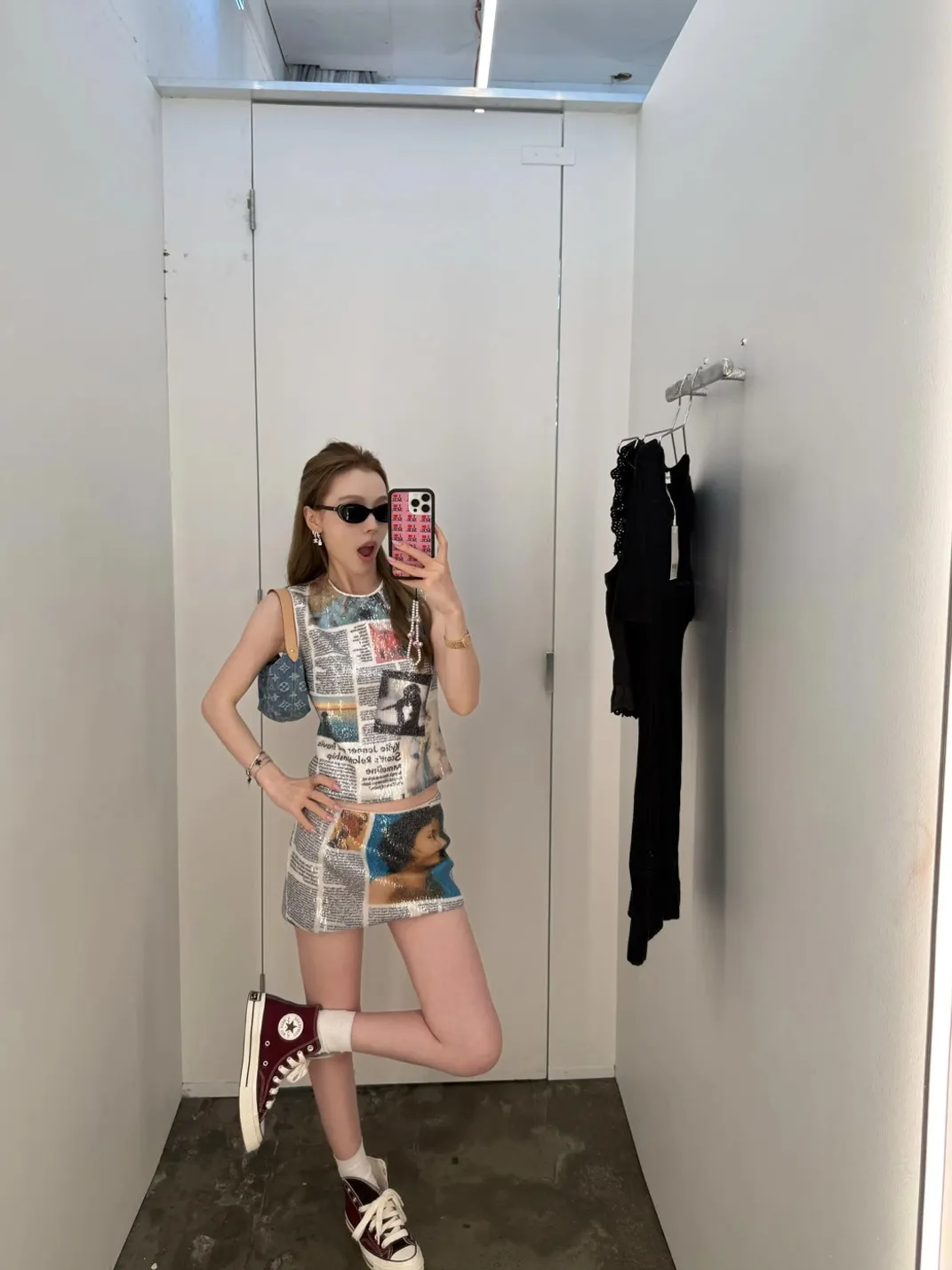 Linqimai | Sequin Newspaper Print Camisole and Skirt Set