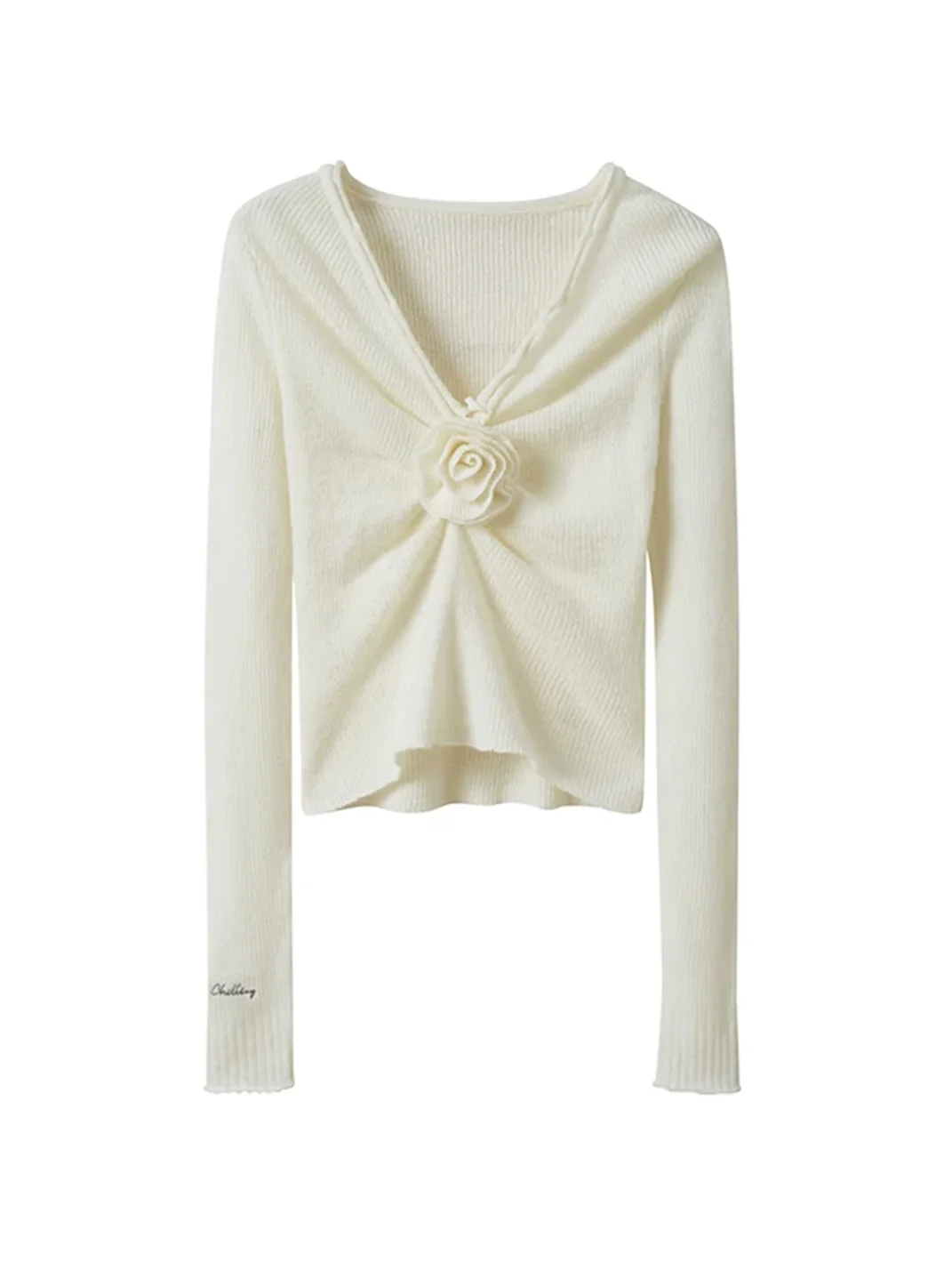SweetChilling | Rose Detail Ruched V-Neck Cropped Sweater