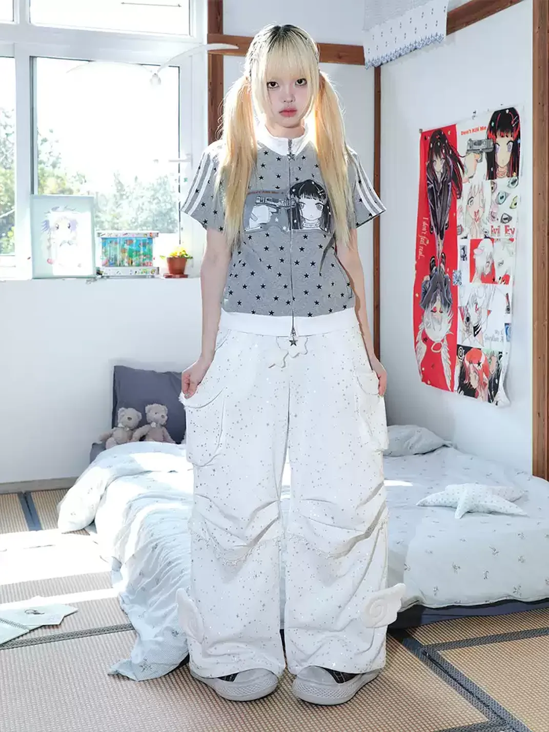 Hashtag DDD | Y2K Silver Star Angel Wing Cargo Pants
