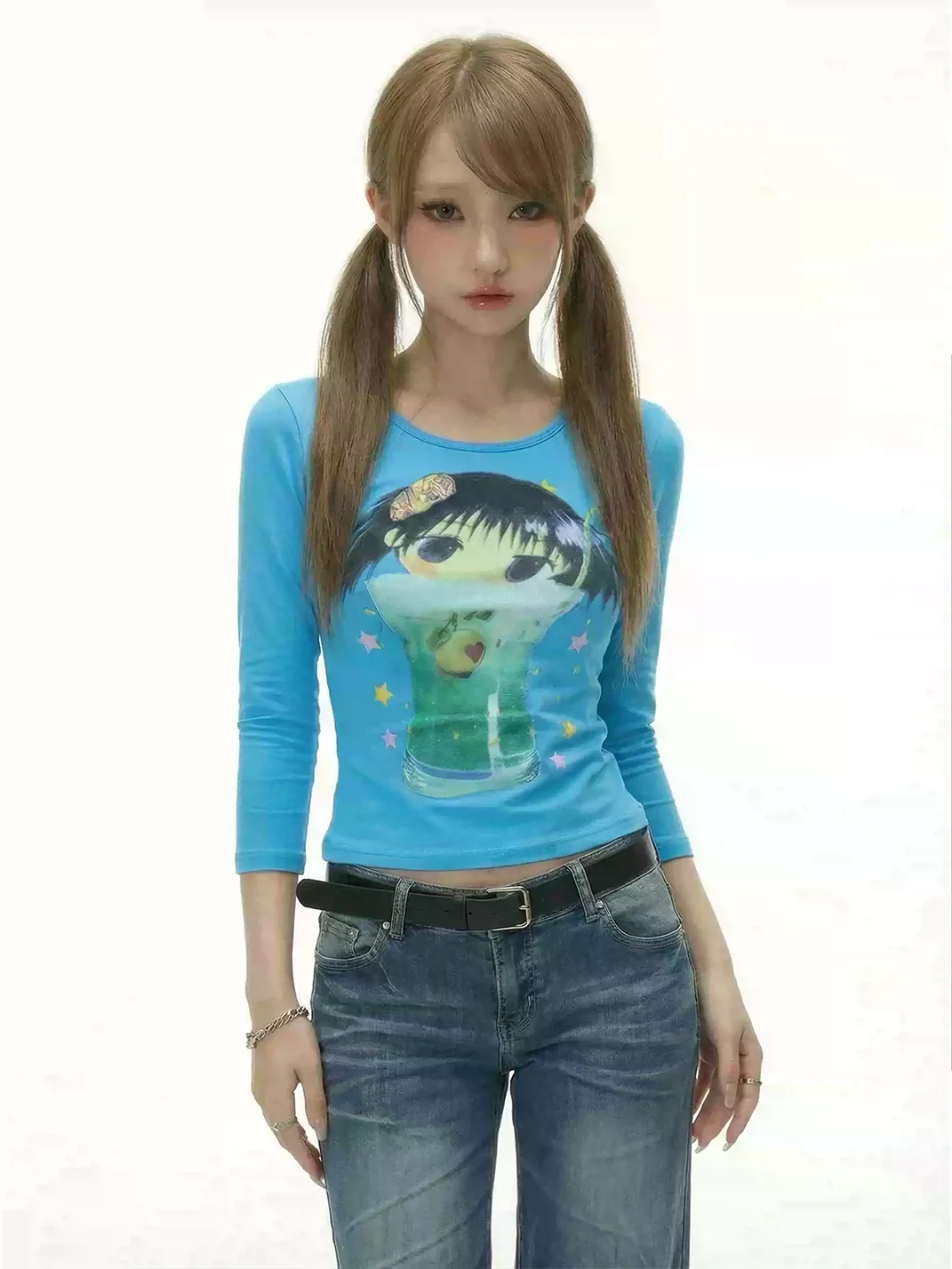 WEBBAR | Blue 3/4 Sleeve Cotton T-Shirt with Girl Print