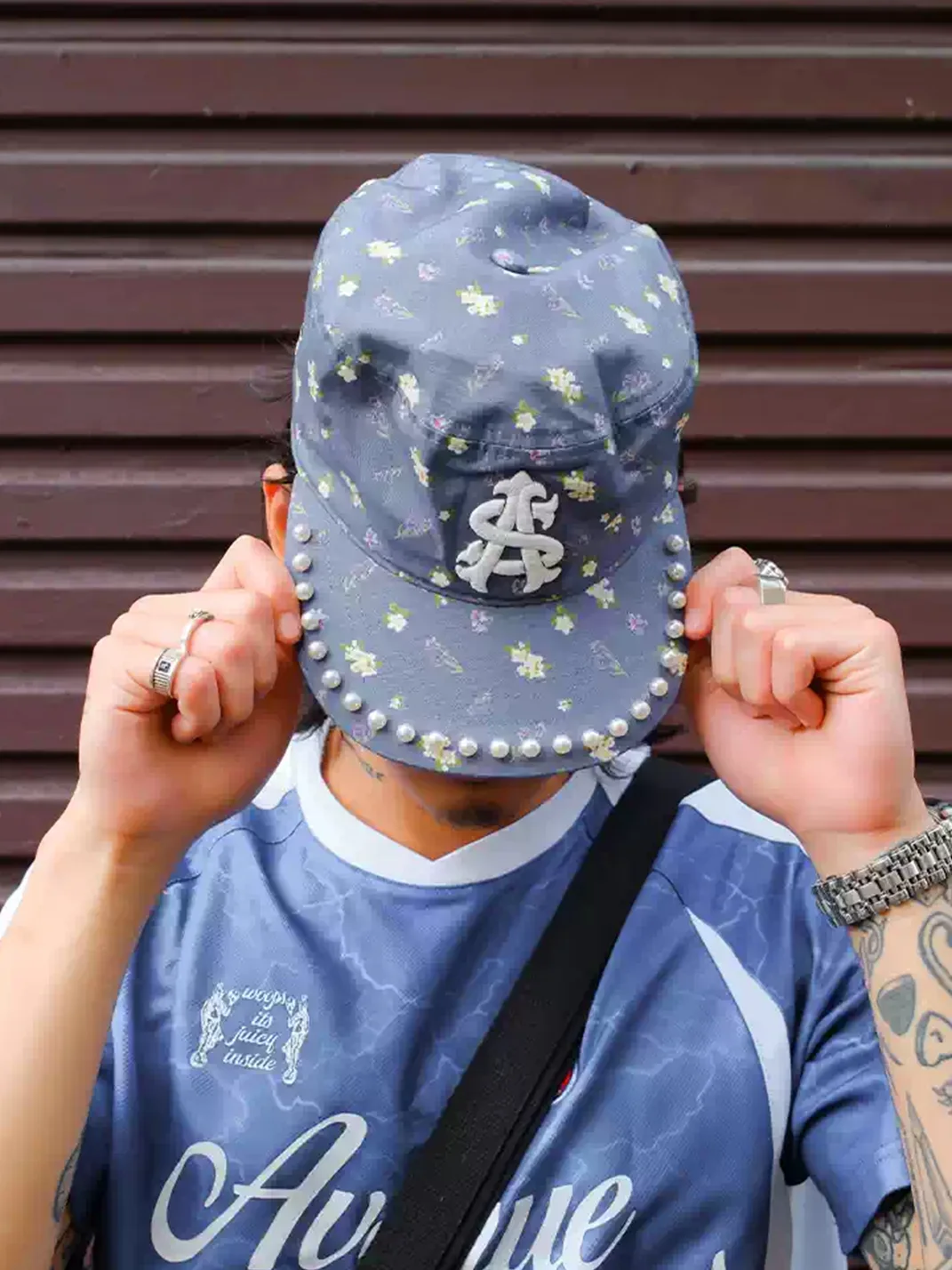 Avenue and Son | Floral Pearl-Trim Embroidered Flat-Top Cap