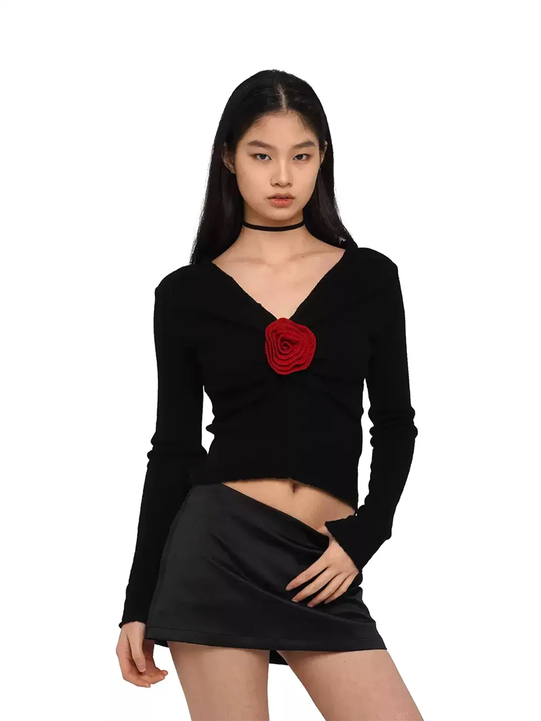 SweetChilling | Rose Detail Ruched V-Neck Cropped Sweater