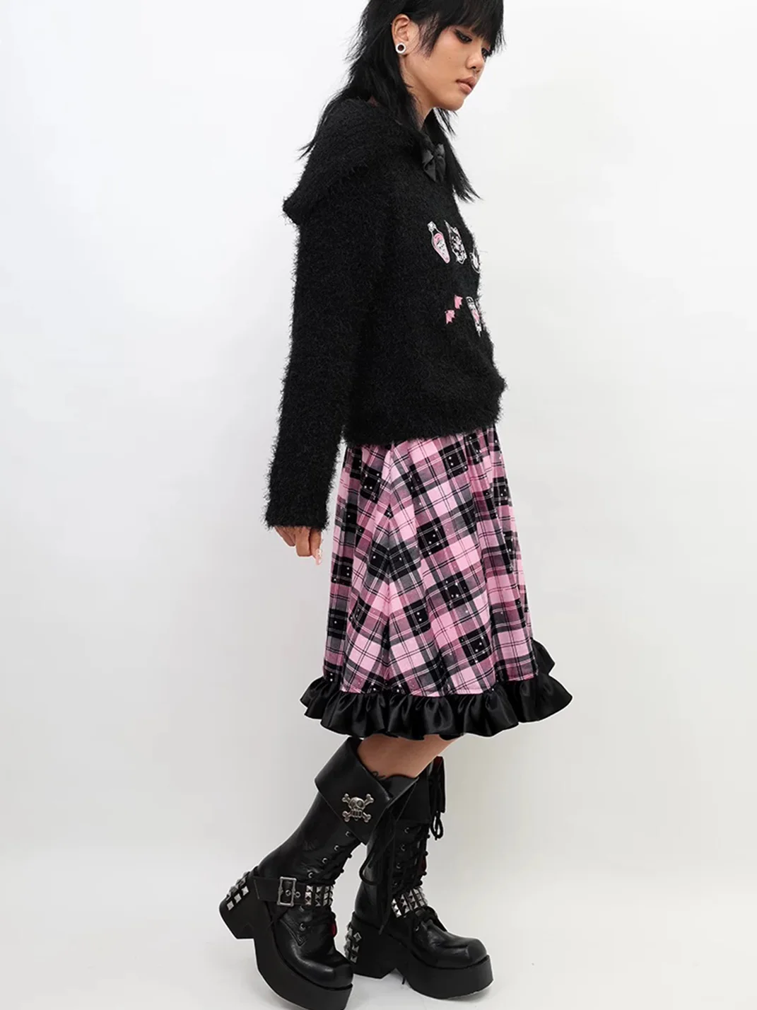 NIHONKIDS | Pink Black Plaid Star Flared Velvet Skirt